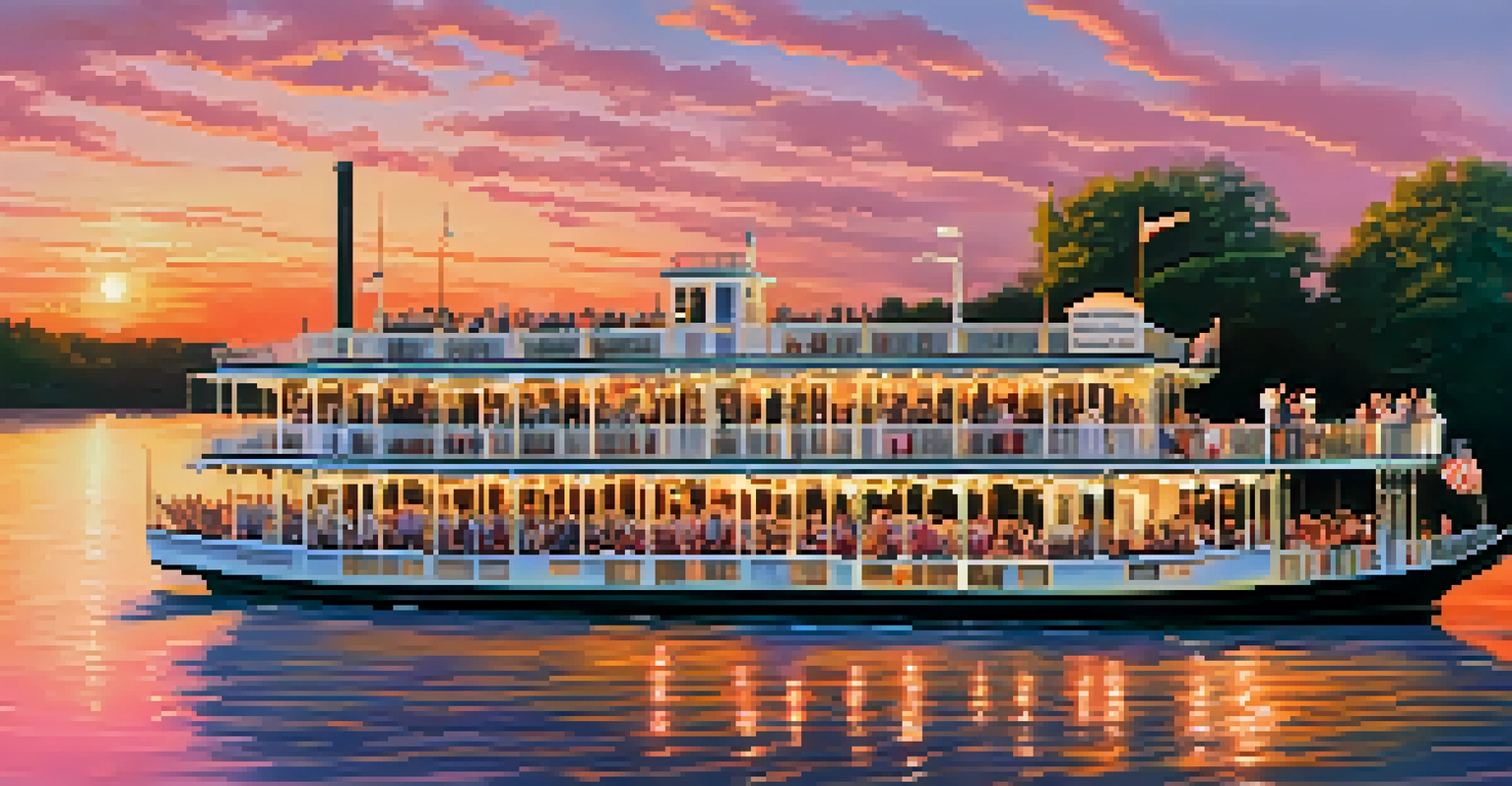 A lively summer riverboat cruise in Savannah, featuring music and guests enjoying Southern cuisine during a beautiful sunset.