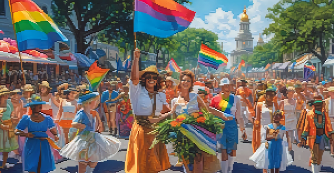 A lively parade with colorful floats and people in costumes celebrating diversity during Savannah Pride, with historic buildings in the background.