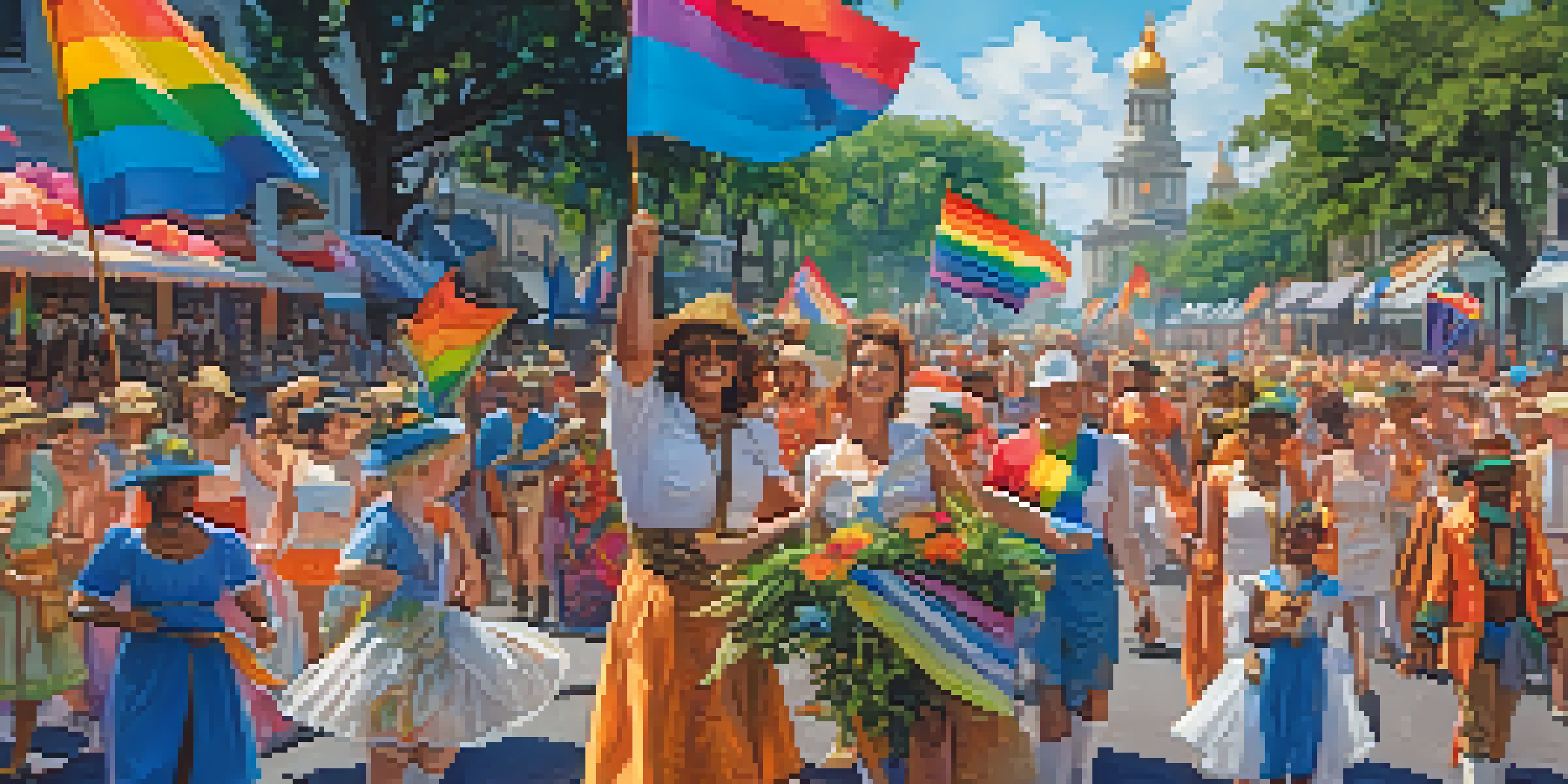 A lively parade with colorful floats and people in costumes celebrating diversity during Savannah Pride, with historic buildings in the background.