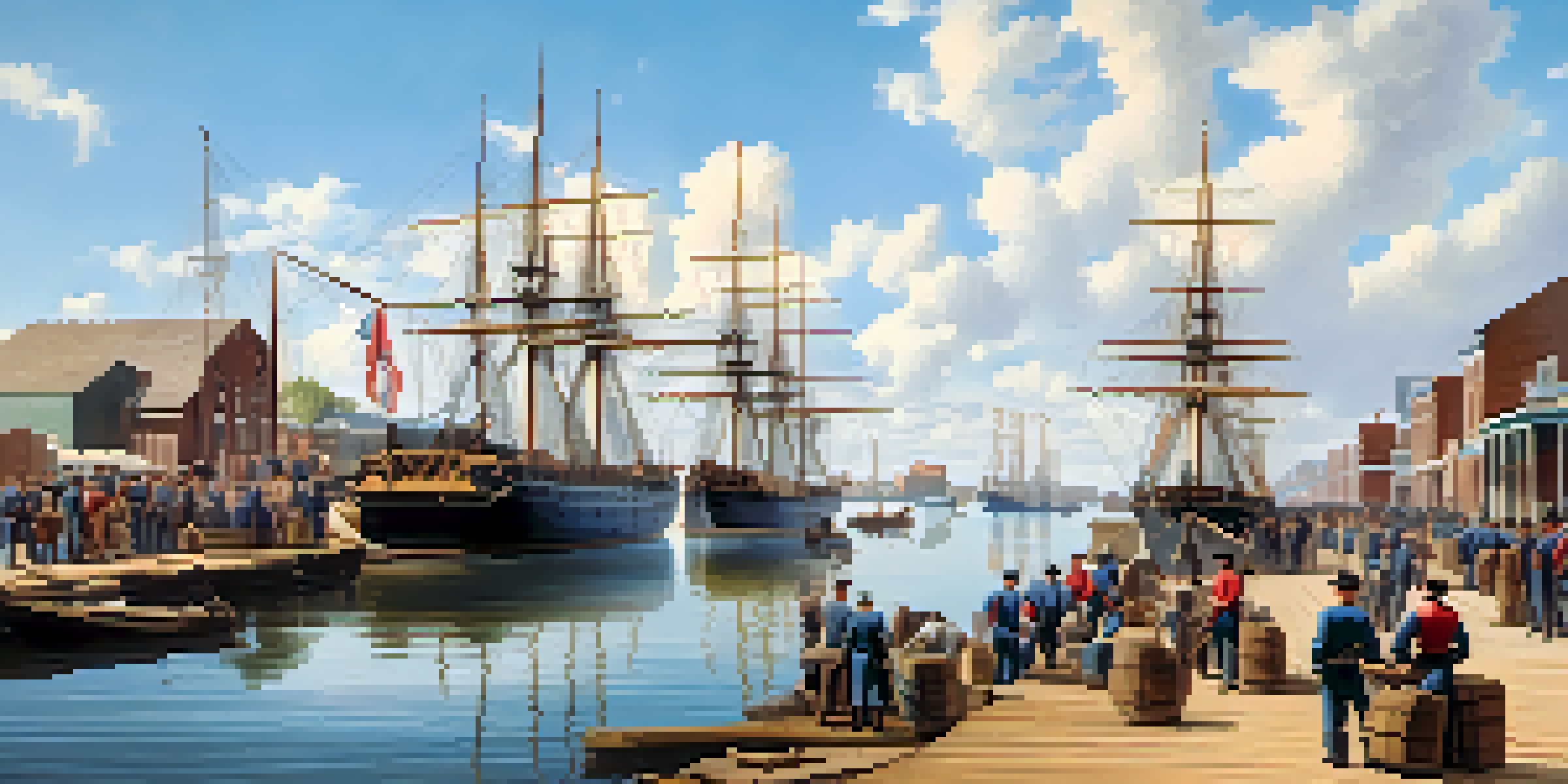 A lively port in Savannah during the Civil War with ships, workers, and soldiers.