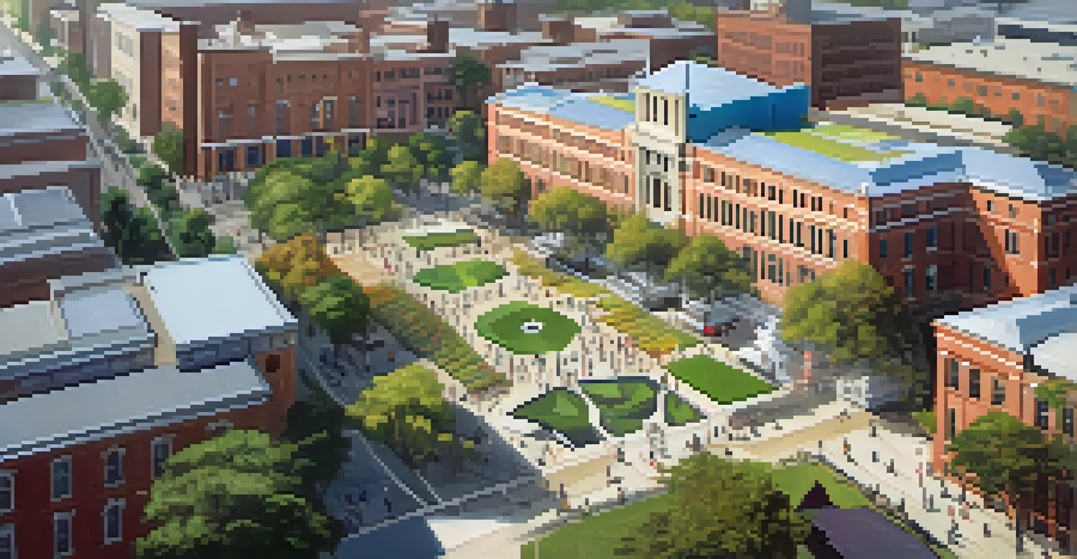 Aerial view of SCAD campus showcasing a mix of modern and historic buildings, with students participating in artistic activities and surrounded by art installations.