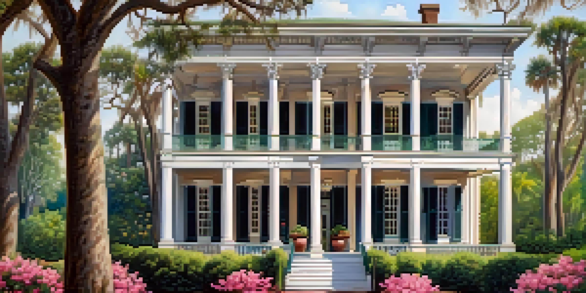 A historic antebellum home with grand columns and a large porch, surrounded by colorful gardens.