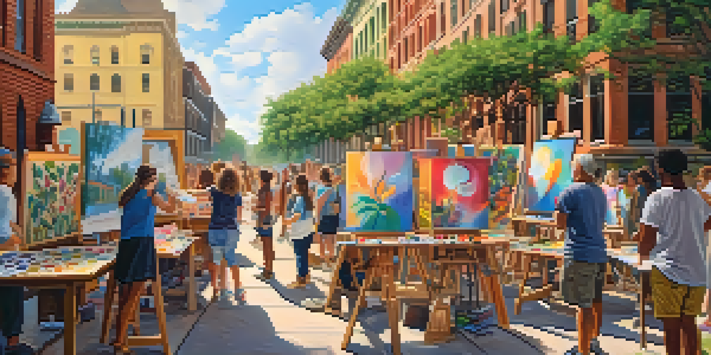 An outdoor art workshop in Savannah with people of different ages painting on canvases, surrounded by historic buildings and greenery under warm sunlight.
