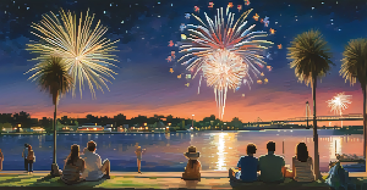 Families on the riverbank enjoying a fireworks display at the Savannah Riverfront on a warm summer evening.