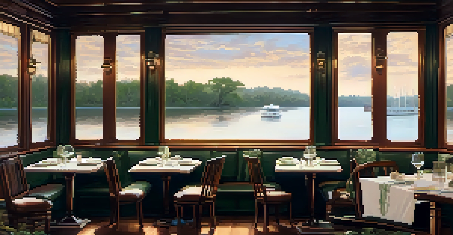 A cozy dining setup on a riverboat with Southern cuisine and beautiful river views.