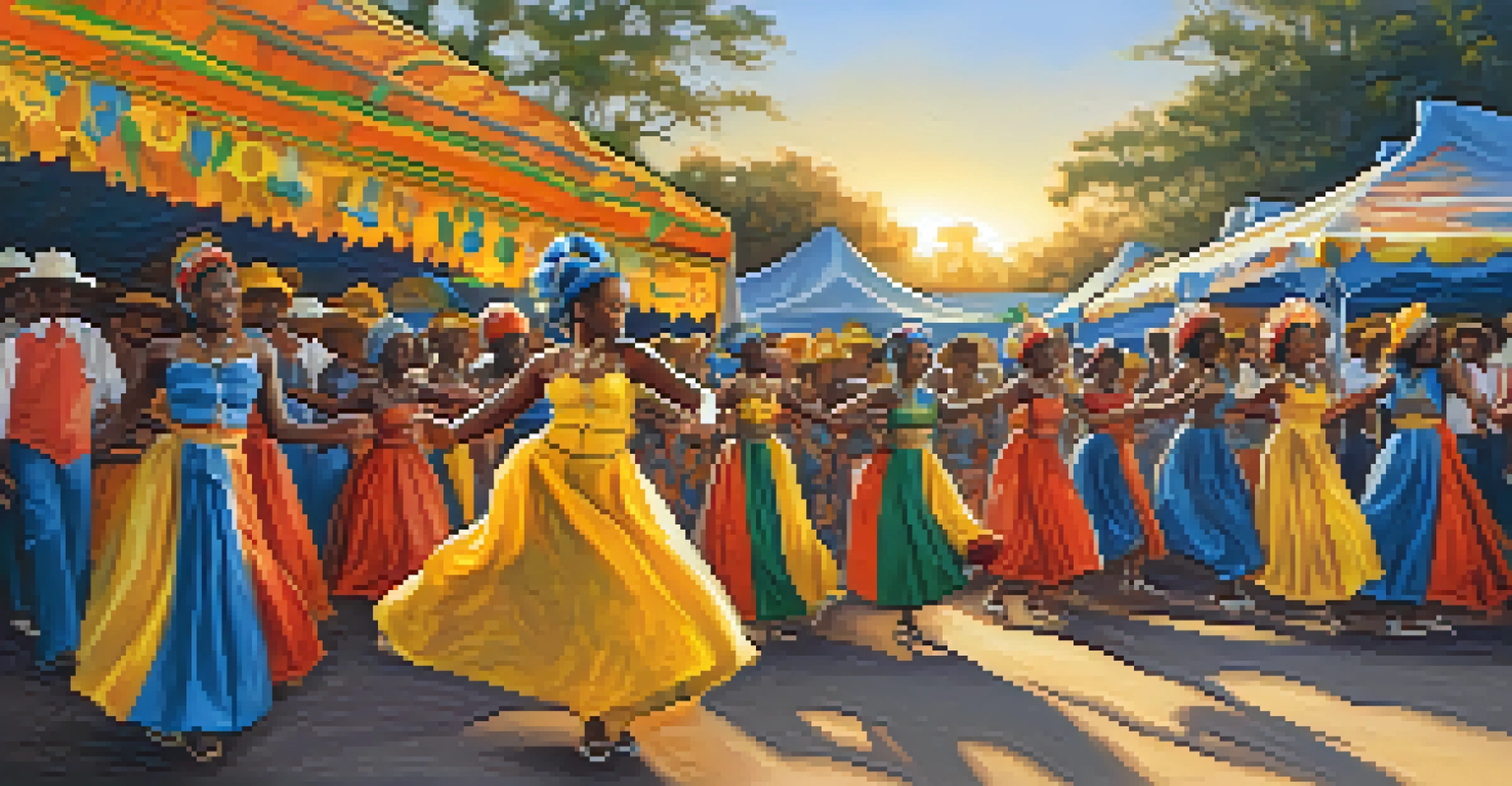 Dancers in traditional Gullah attire performing on stage at the festival, with an engaged audience and a sunset backdrop creating a warm atmosphere.