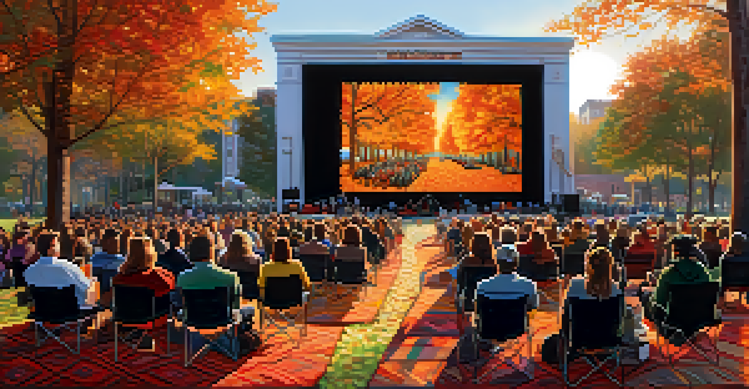 An outdoor film festival in autumn with a large screen showing a classic film, surrounded by colorful fall leaves and an engaged audience.