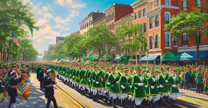 A lively St. Patrick's Day Parade in Savannah, featuring colorful floats and enthusiastic participants in green attire, with historic buildings in the background.