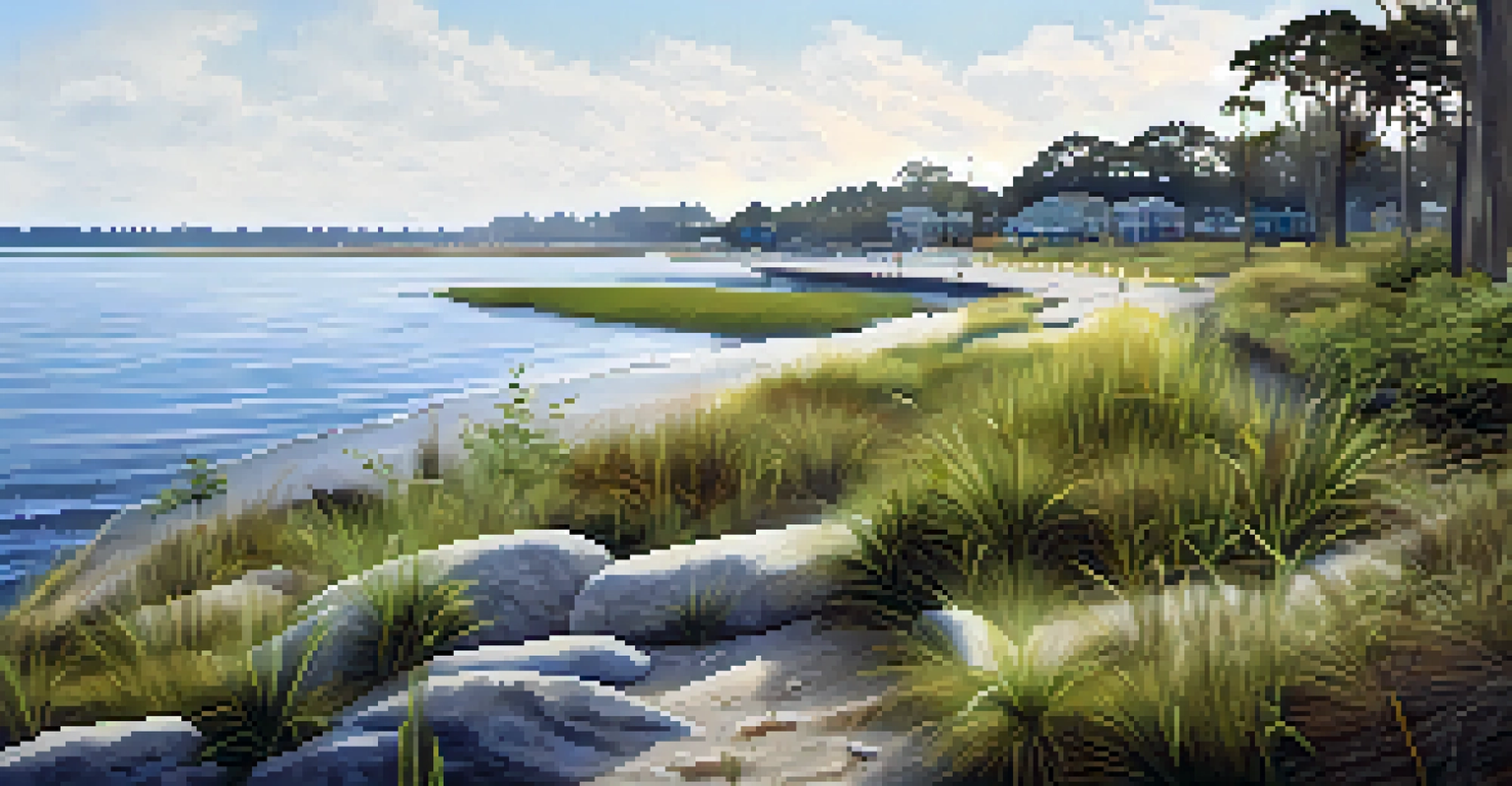 A living shoreline project with plants and rocks designed to combat coastal erosion, showing waves and thriving native vegetation.