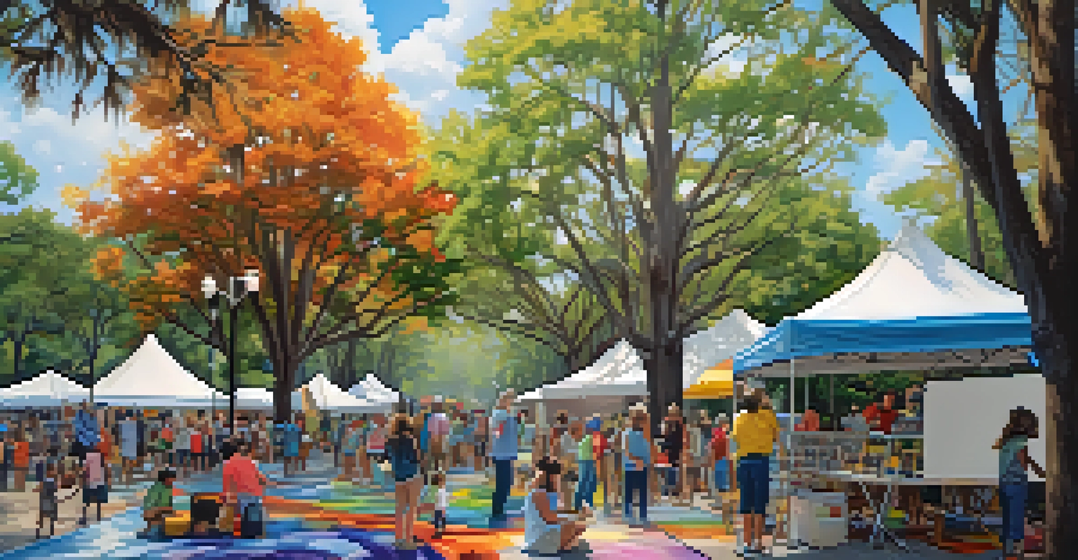 A lively community art festival in Savannah, with artists and families contributing to a large mural, surrounded by other art displays.