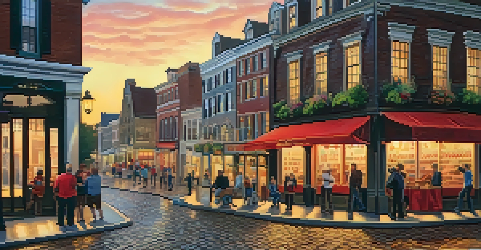 Scenic view of cobblestone streets with shops and performers along a riverfront.