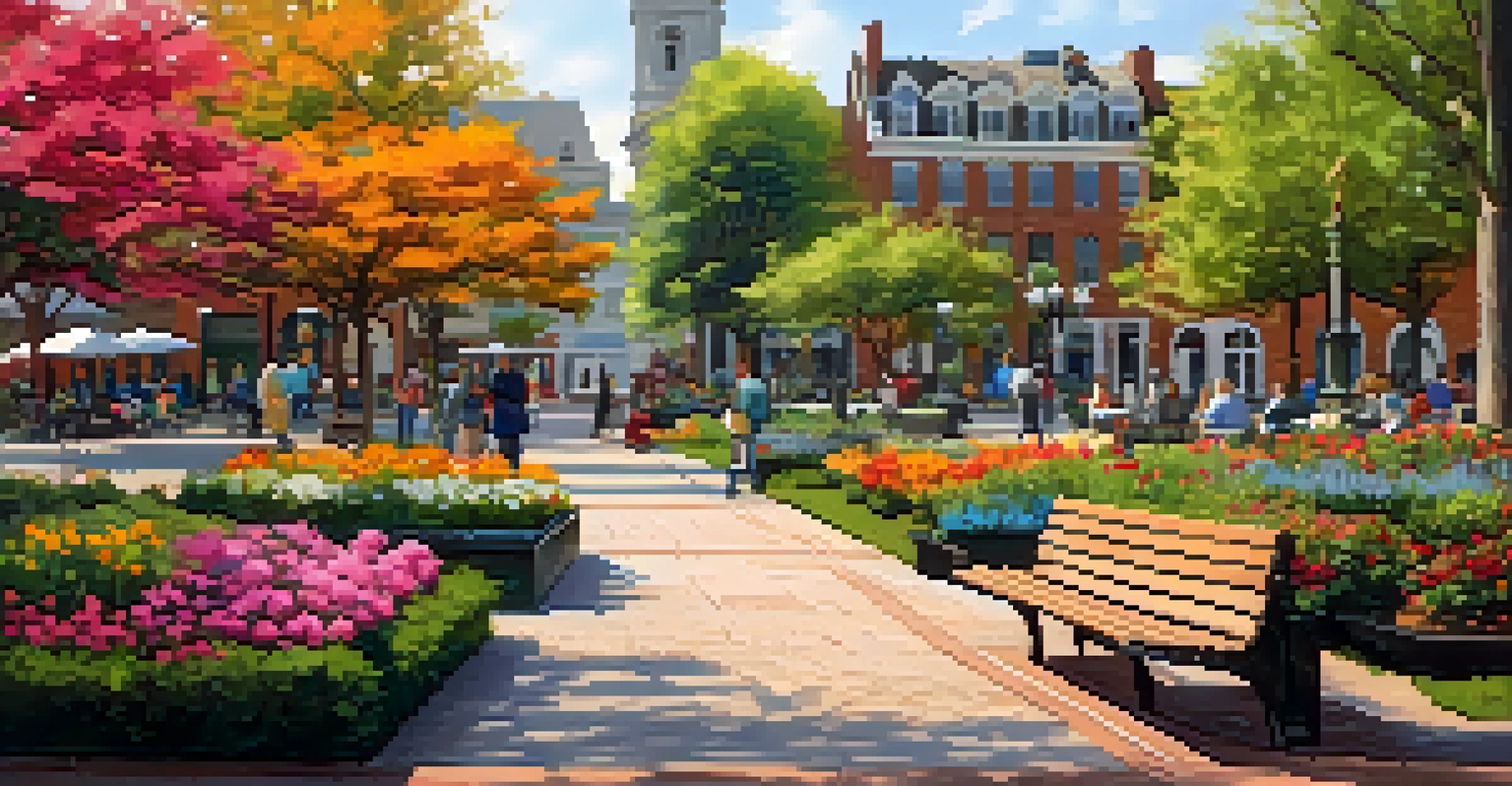 A quiet square with colorful flower gardens, people reading on benches, and cobblestone paths.