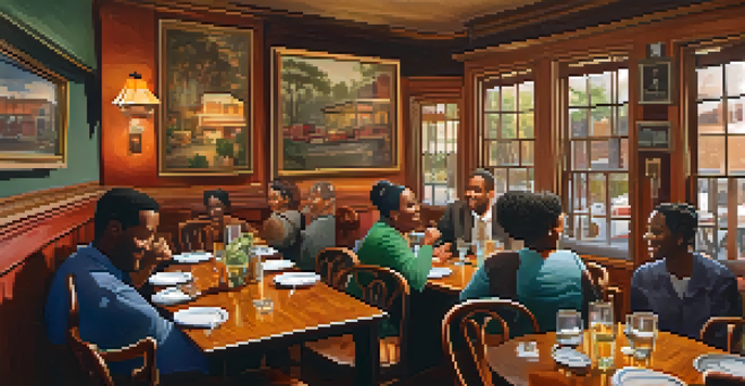 A warm and inviting communal dining room with long tables filled with Southern food, patrons enjoying their meals and sharing stories.