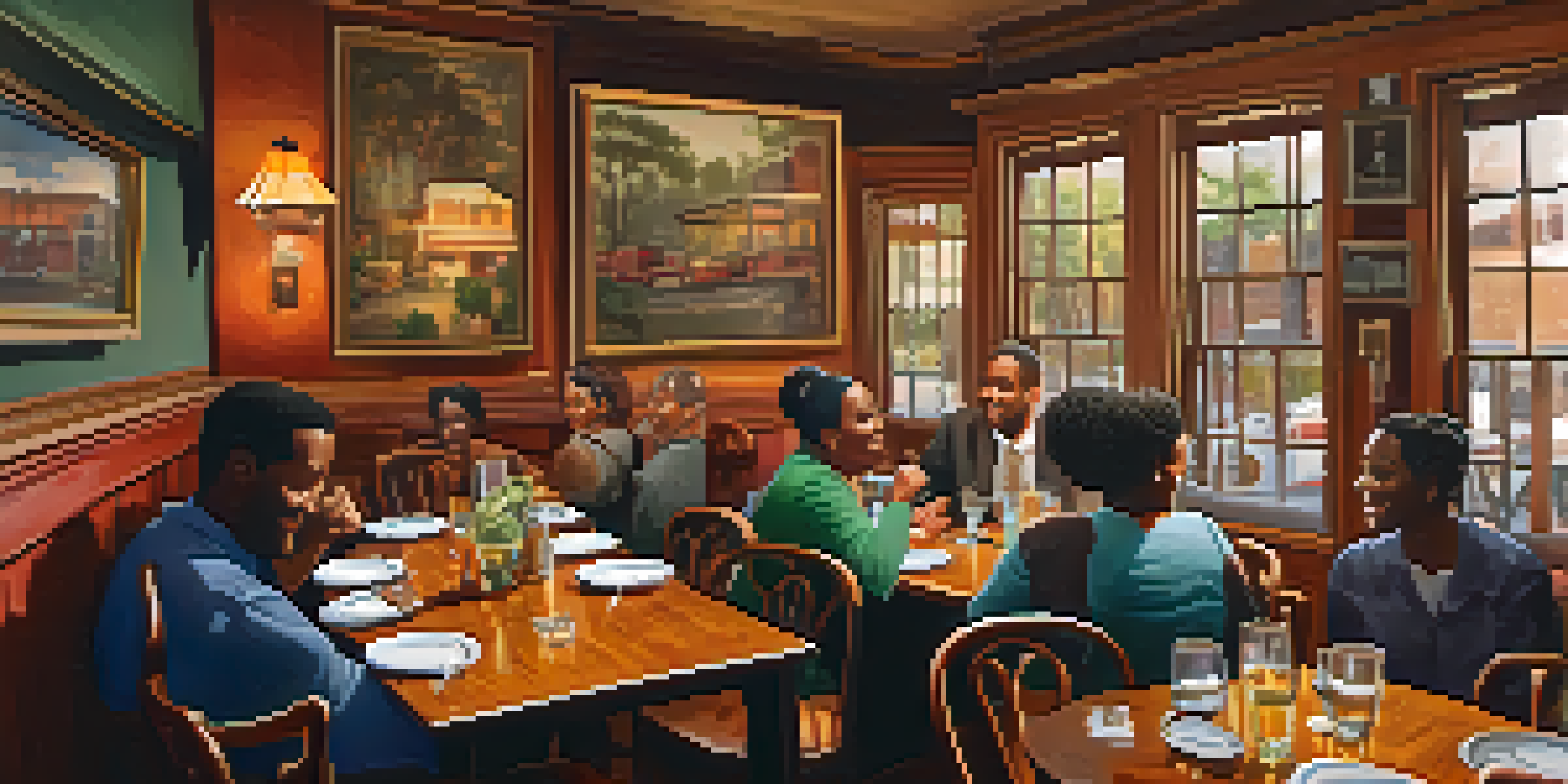 A warm and inviting communal dining room with long tables filled with Southern food, patrons enjoying their meals and sharing stories.