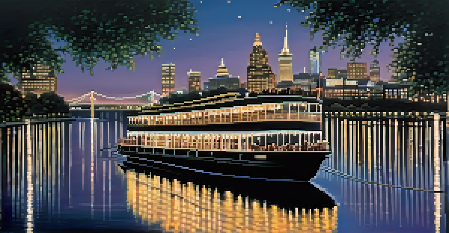 An elegant riverboat with fairy lights cruising on the Savannah River, couples enjoying live music, and the historic skyline reflected in the water.