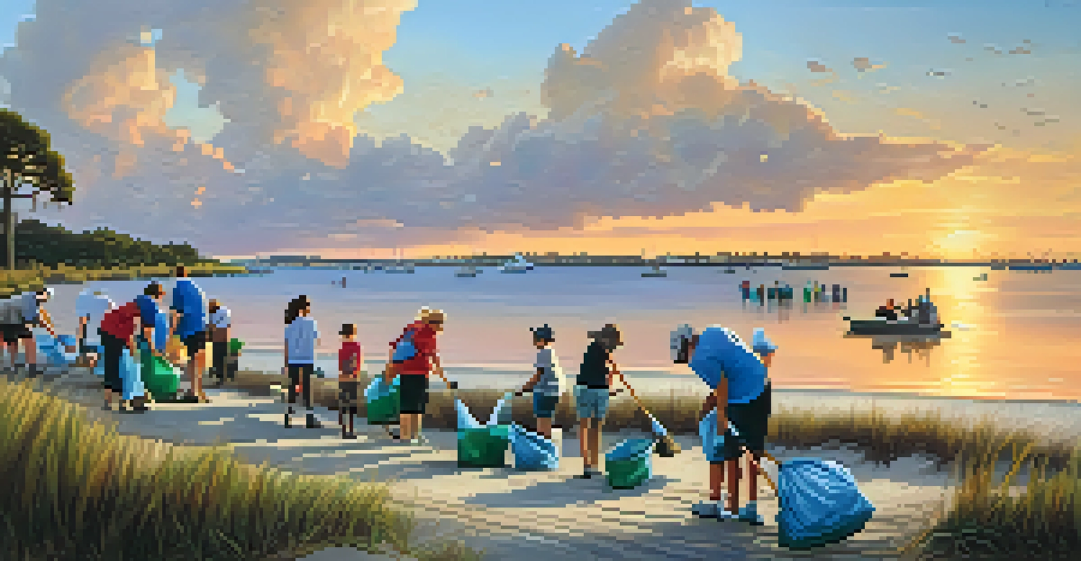 Volunteers cleaning up a coastal area in Savannah during a sunset, showcasing community engagement.