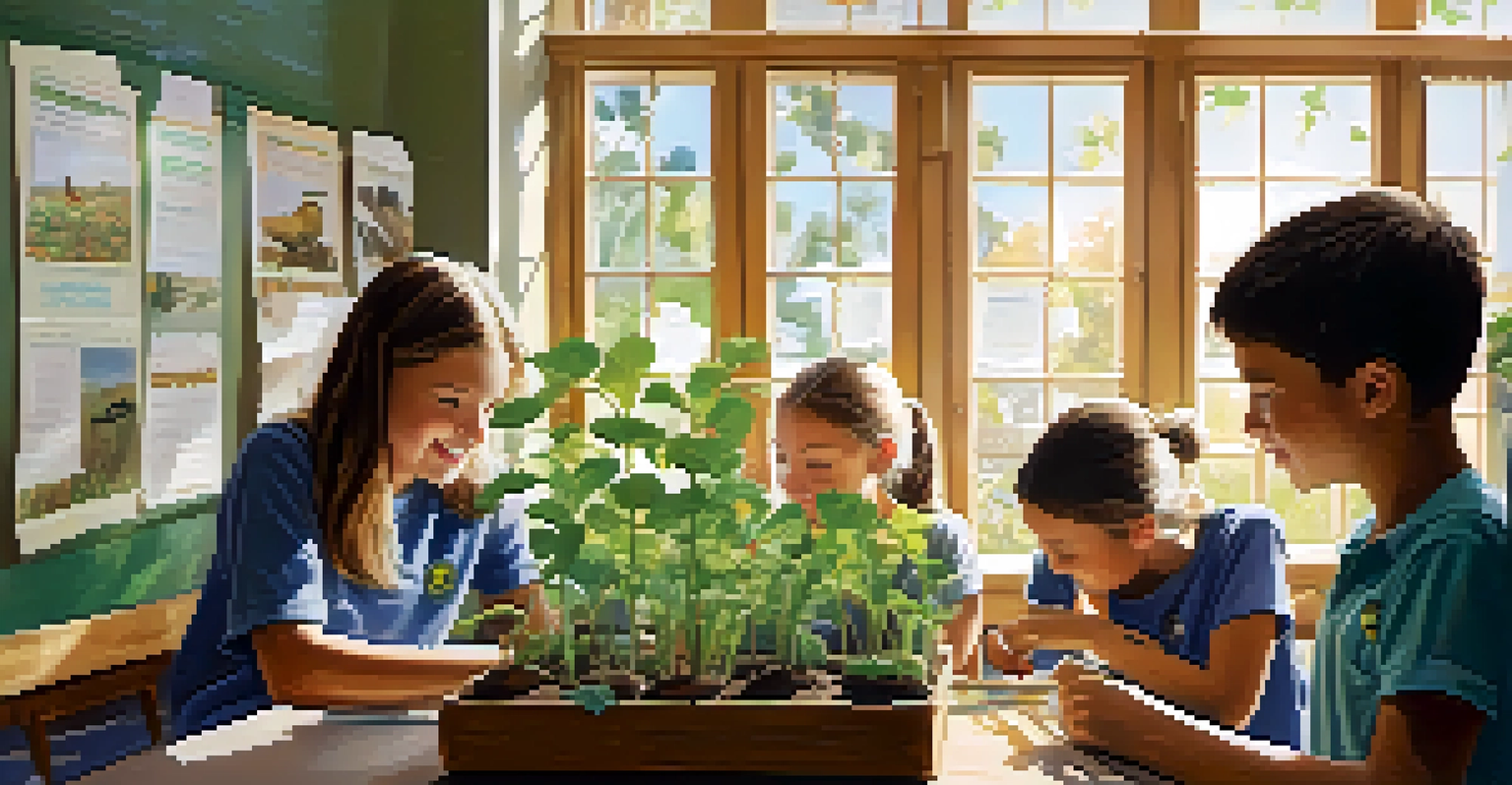 Students in a classroom engaged in an environmental education lesson, planting seeds in pots.