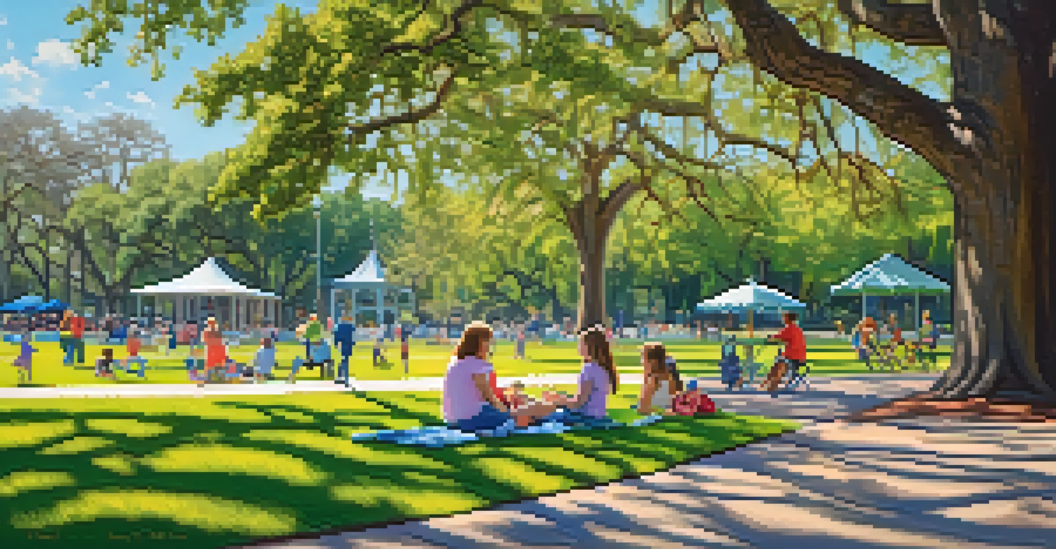 Families enjoying a sunny day in Forsyth Park, with children playing and a picnic taking place on a green lawn surrounded by colorful flowers.