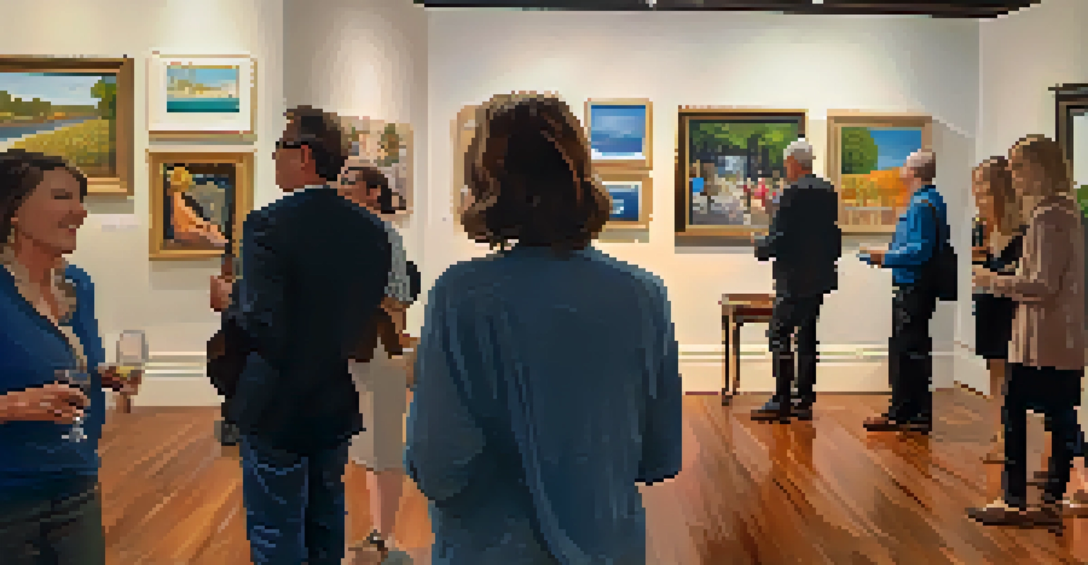 An inviting gallery scene during Savannah's Art Walk, featuring artworks on display and guests mingling with artists in warm lighting.