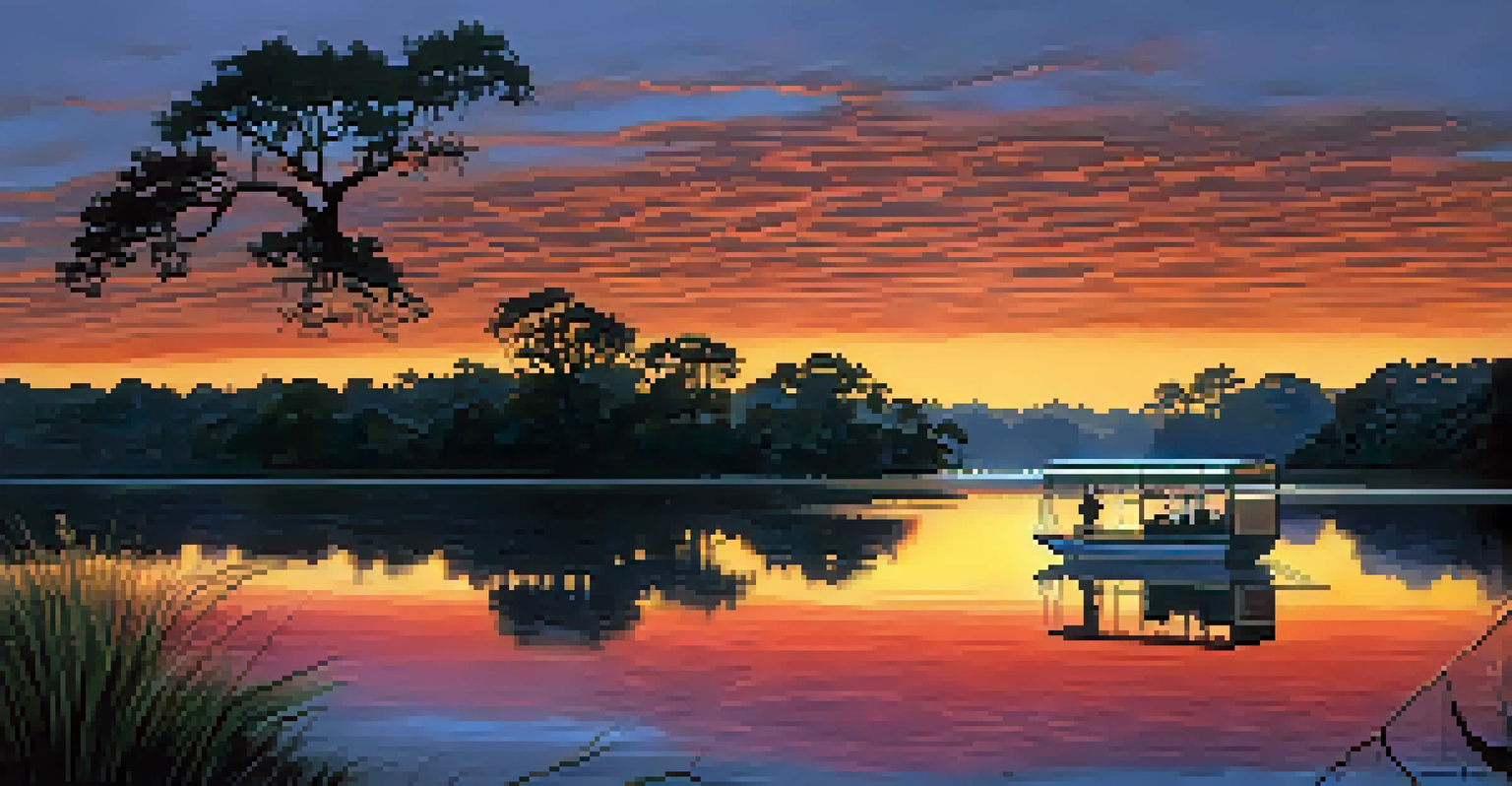 A breathtaking sunset view over the Savannah River with colorful reflections and a riverboat in the distance.