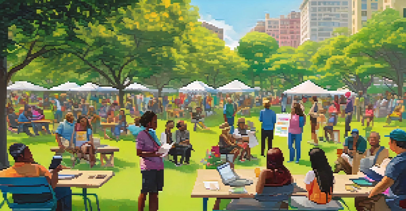 Residents in a park using mobile apps for environmental conservation, with colorful banners and greenery.