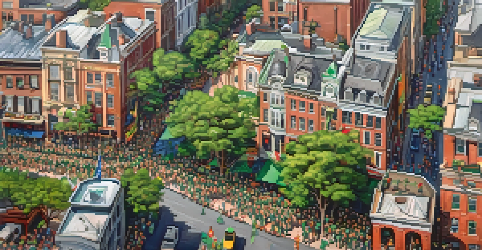 Aerial view of a crowded street in Savannah during the St. Patrick's Day Parade, featuring green-clad spectators and colorful floats.