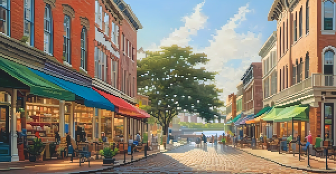 A lively shopping scene on the Savannah Riverfront with colorful artisan shops and cobblestone streets under warm sunlight.