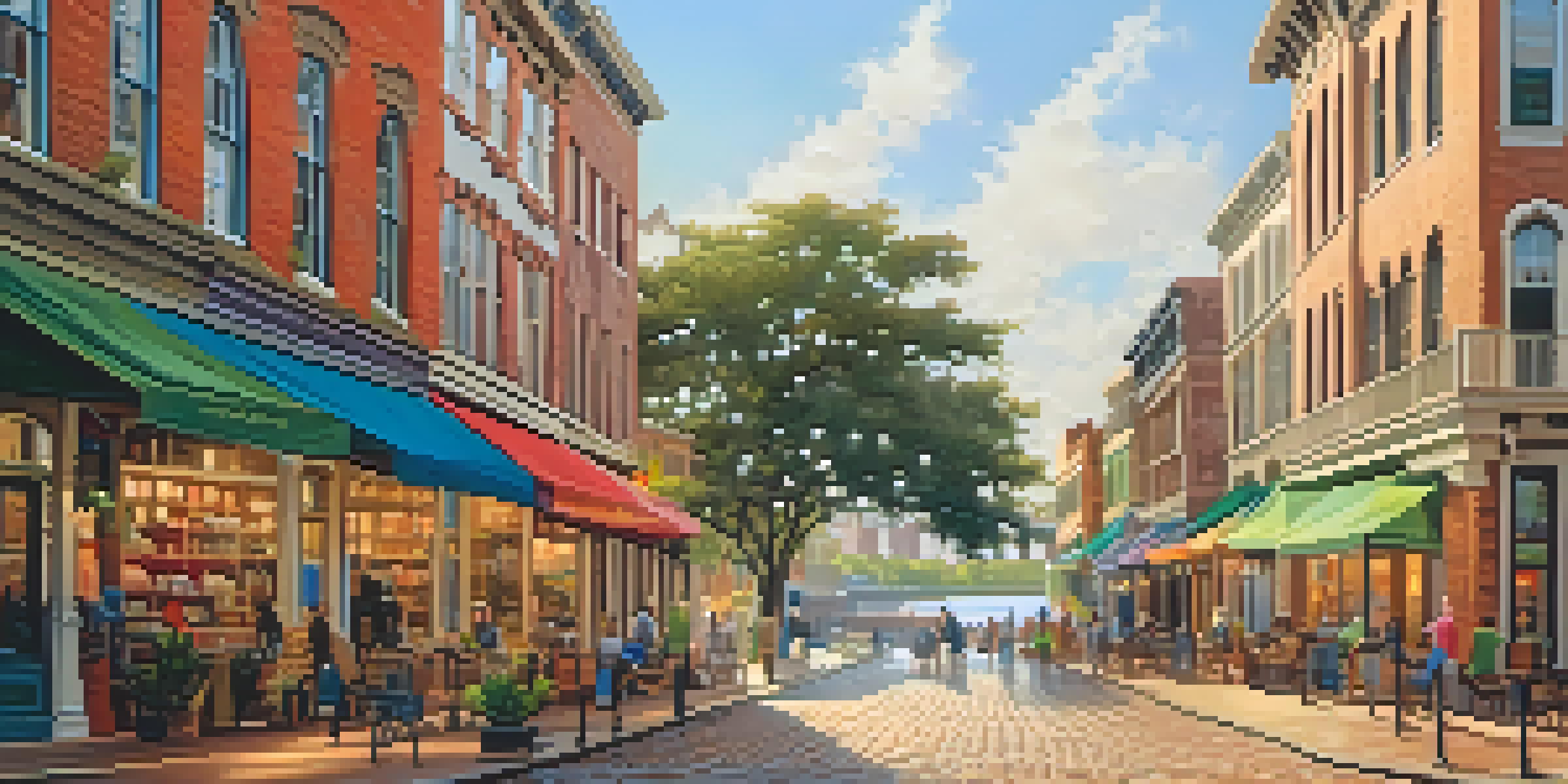 A lively shopping scene on the Savannah Riverfront with colorful artisan shops and cobblestone streets under warm sunlight.