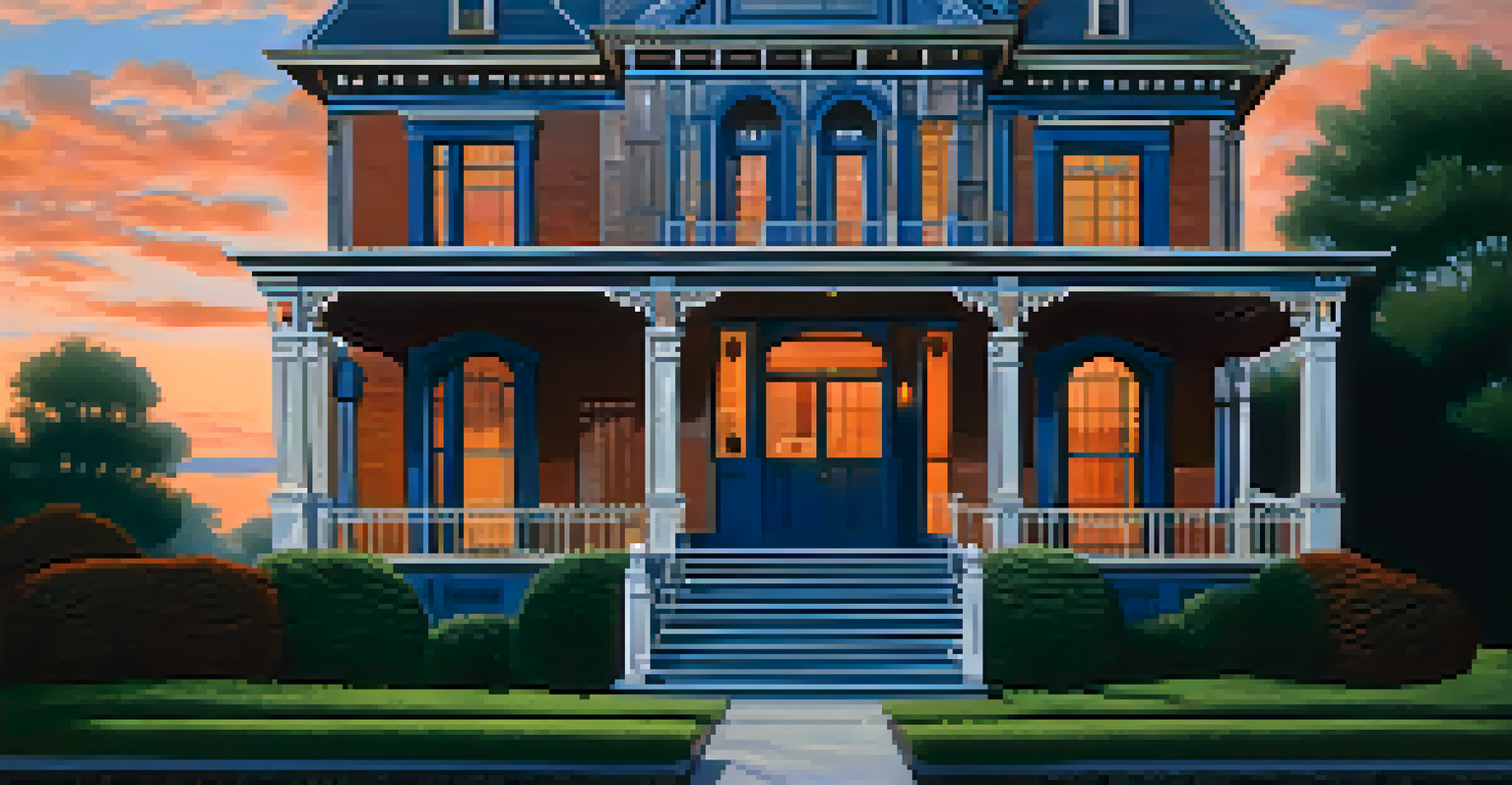 Close-up of the Sorrel-Weed House featuring wrought iron balconies and lush greenery at dusk, with a dramatic sky.