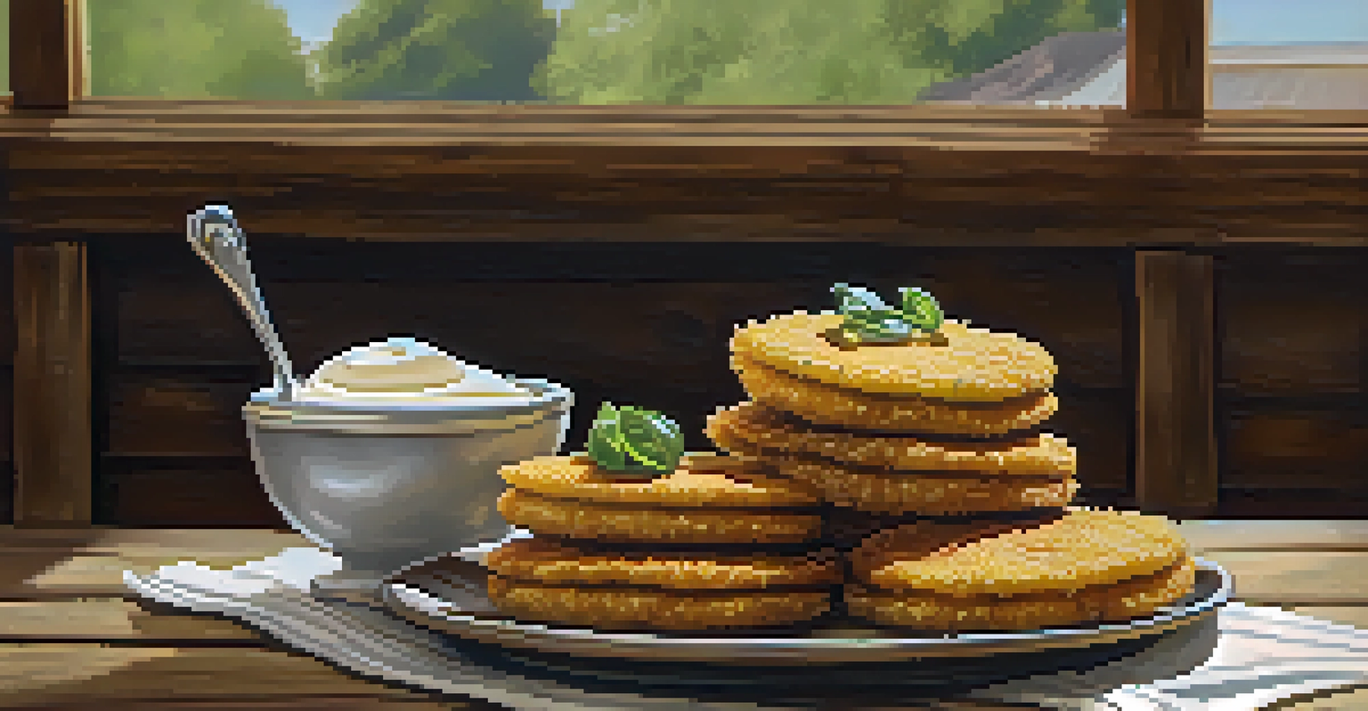 A stack of golden fried green tomatoes on a wooden table with creamy dipping sauce, set in a bright restaurant.