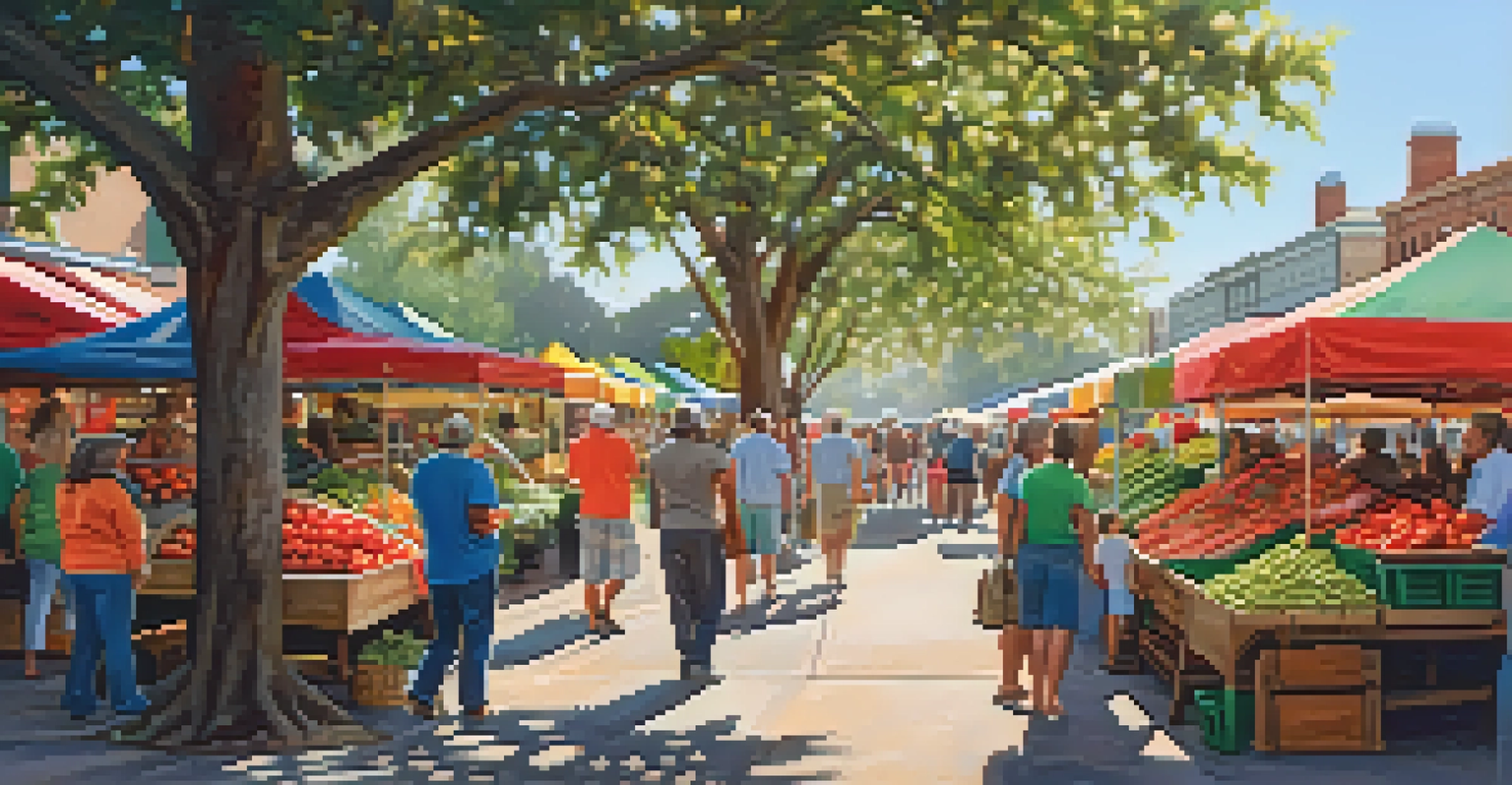 A lively farmer's market in Savannah with fresh produce, colorful stalls, and people shopping, all illuminated by warm sunlight.