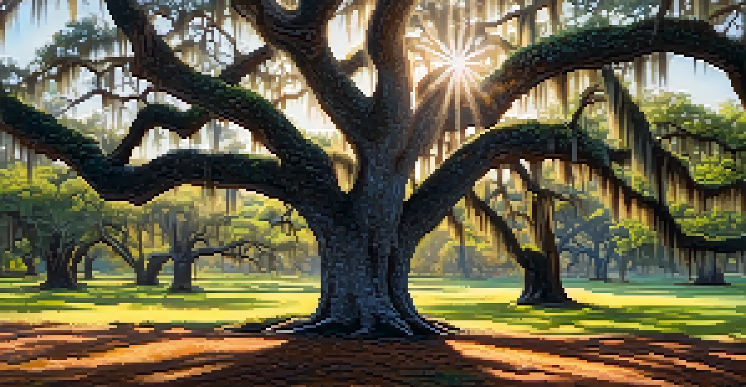 A close-up of Southern live oak trees in Savannah, highlighting the bark texture and Spanish moss, with sunlight creating a dappled effect on the ground.