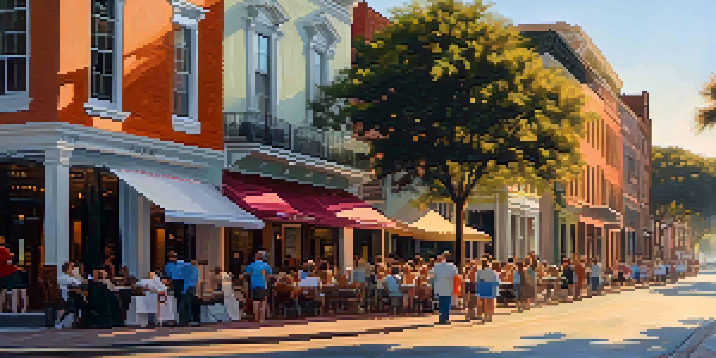 A lively street scene in Savannah, featuring historic pastel buildings, local artists, and musicians in warm golden hour light.