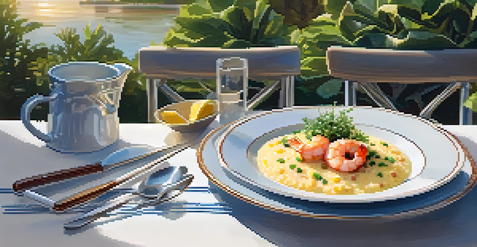 A dish of shrimp and grits with shrimp in a savory sauce on creamy corn grits, garnished with herbs, on a café table under sunlight.