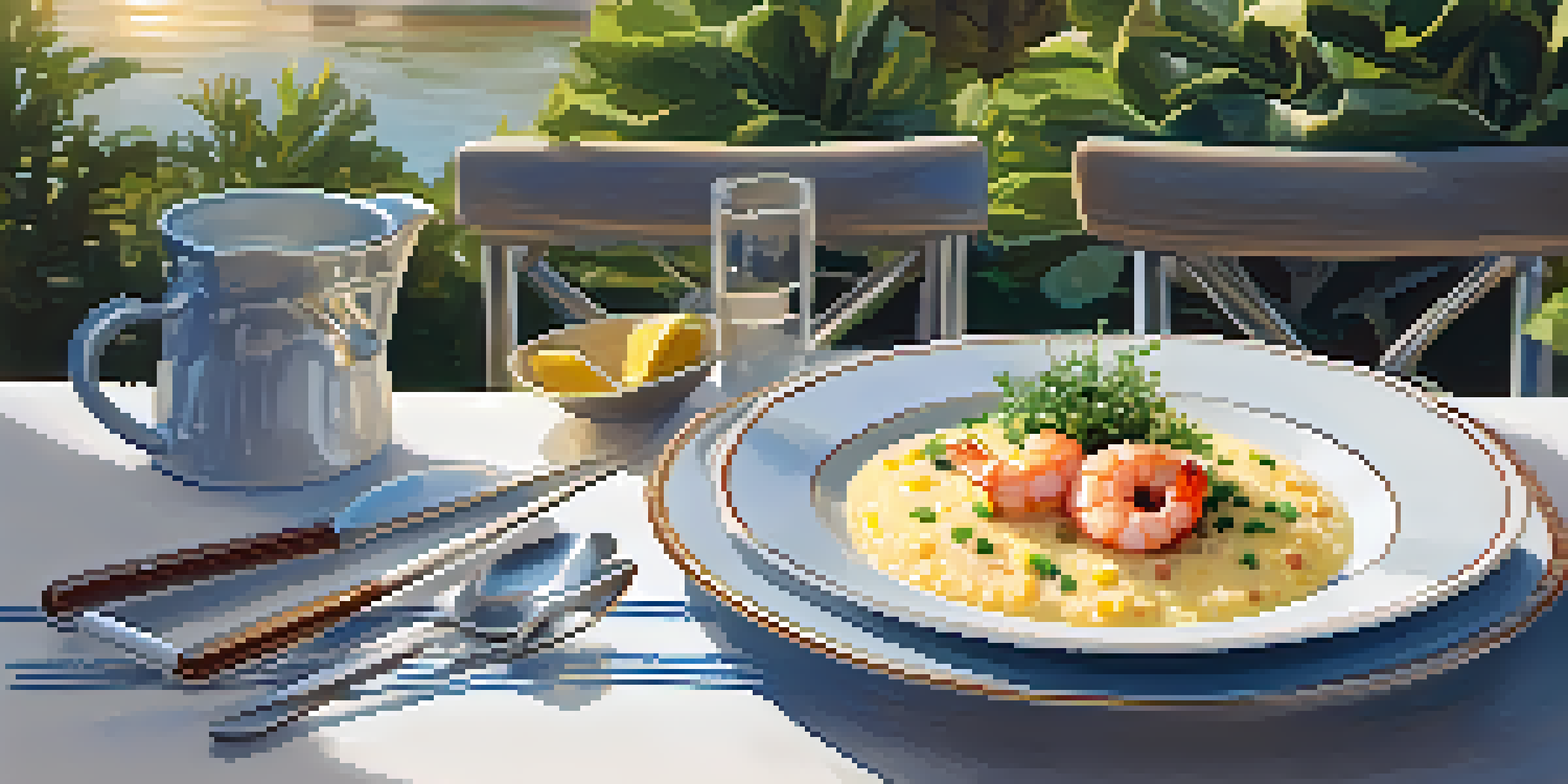 A dish of shrimp and grits with shrimp in a savory sauce on creamy corn grits, garnished with herbs, on a café table under sunlight.