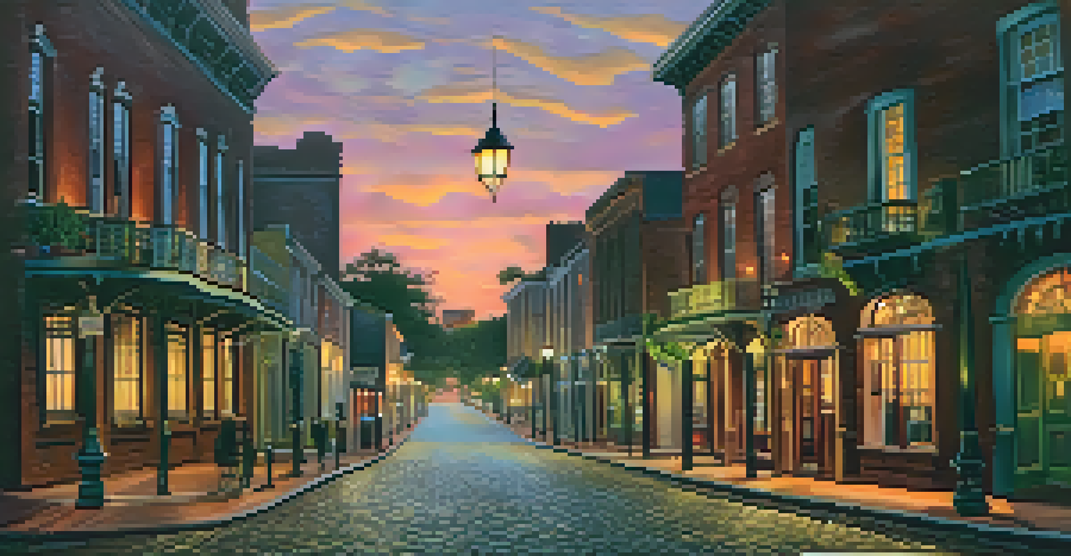 A street in Savannah at dusk, featuring historic buildings and a ghostly silhouette near a haunted pub.