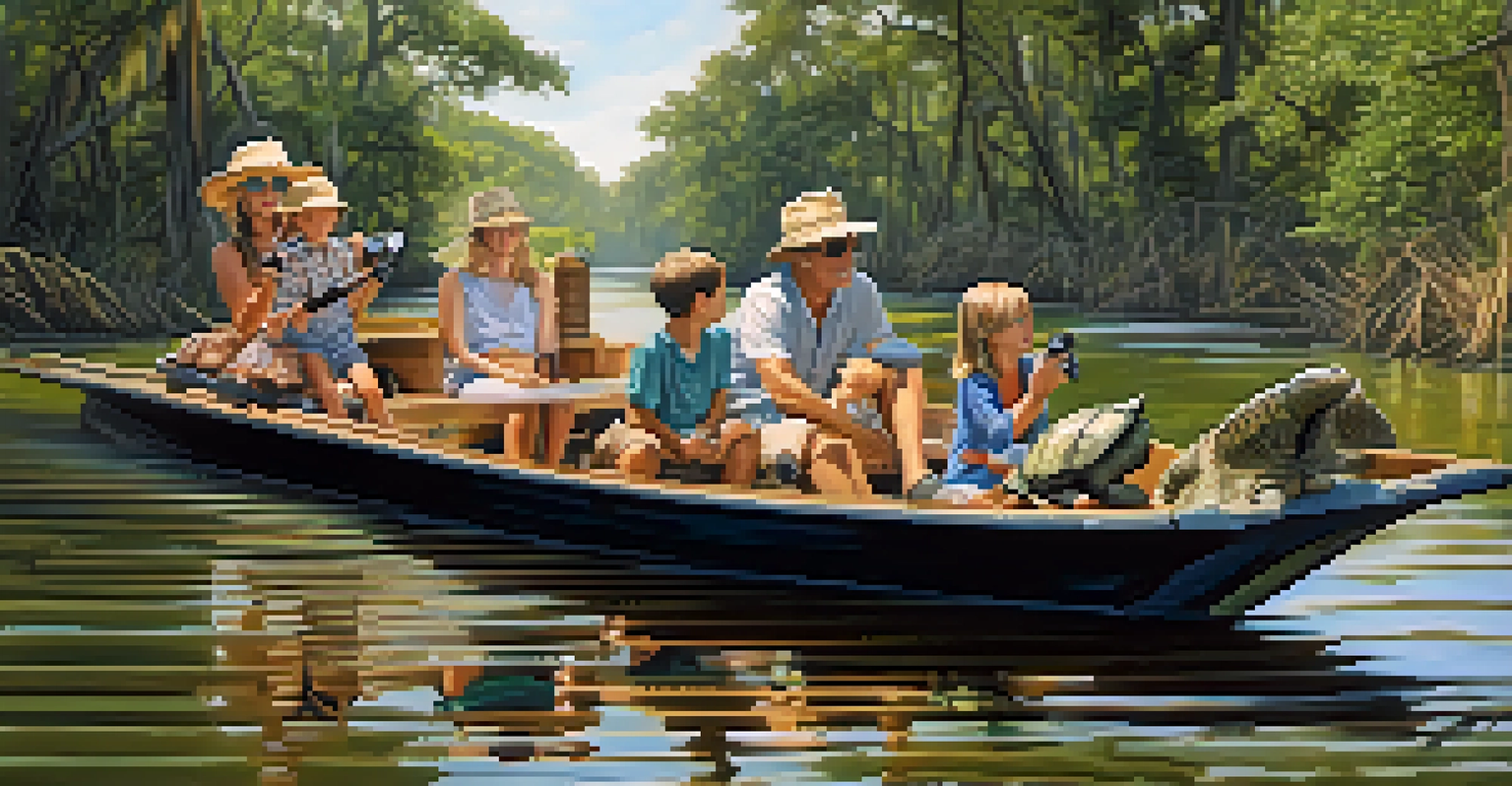 A family on a riverboat looking at wildlife with binoculars, surrounded by turtles and alligators in Savannah's landscape.