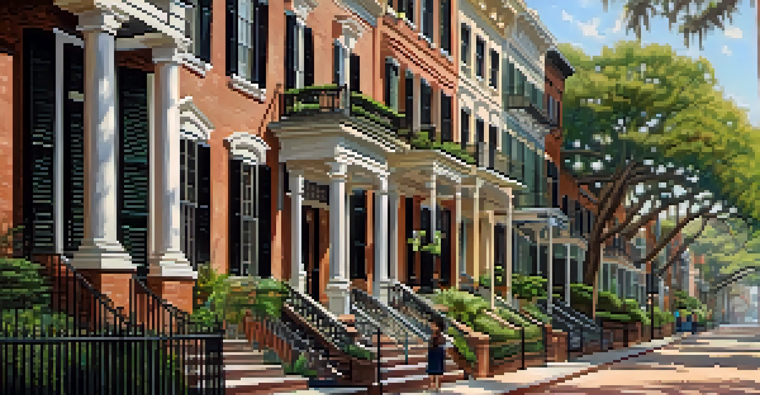 A picturesque view of Savannah's historic district, featuring preserved buildings, families enjoying the park, and soft afternoon light.