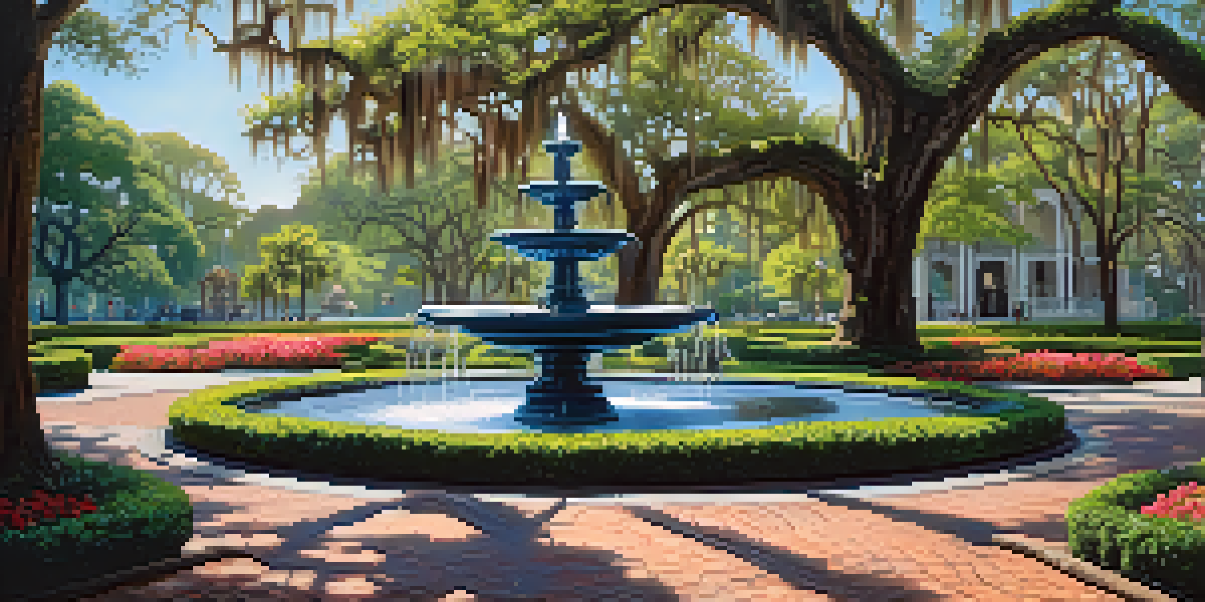 A sunny day in Forsyth Park with a fountain, greenery, and people enjoying the park.