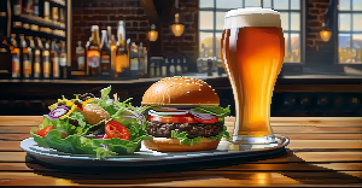 A close-up of a beer and food pairing featuring a pint of amber ale, a gourmet burger, and salad on a wooden table in a brewery.