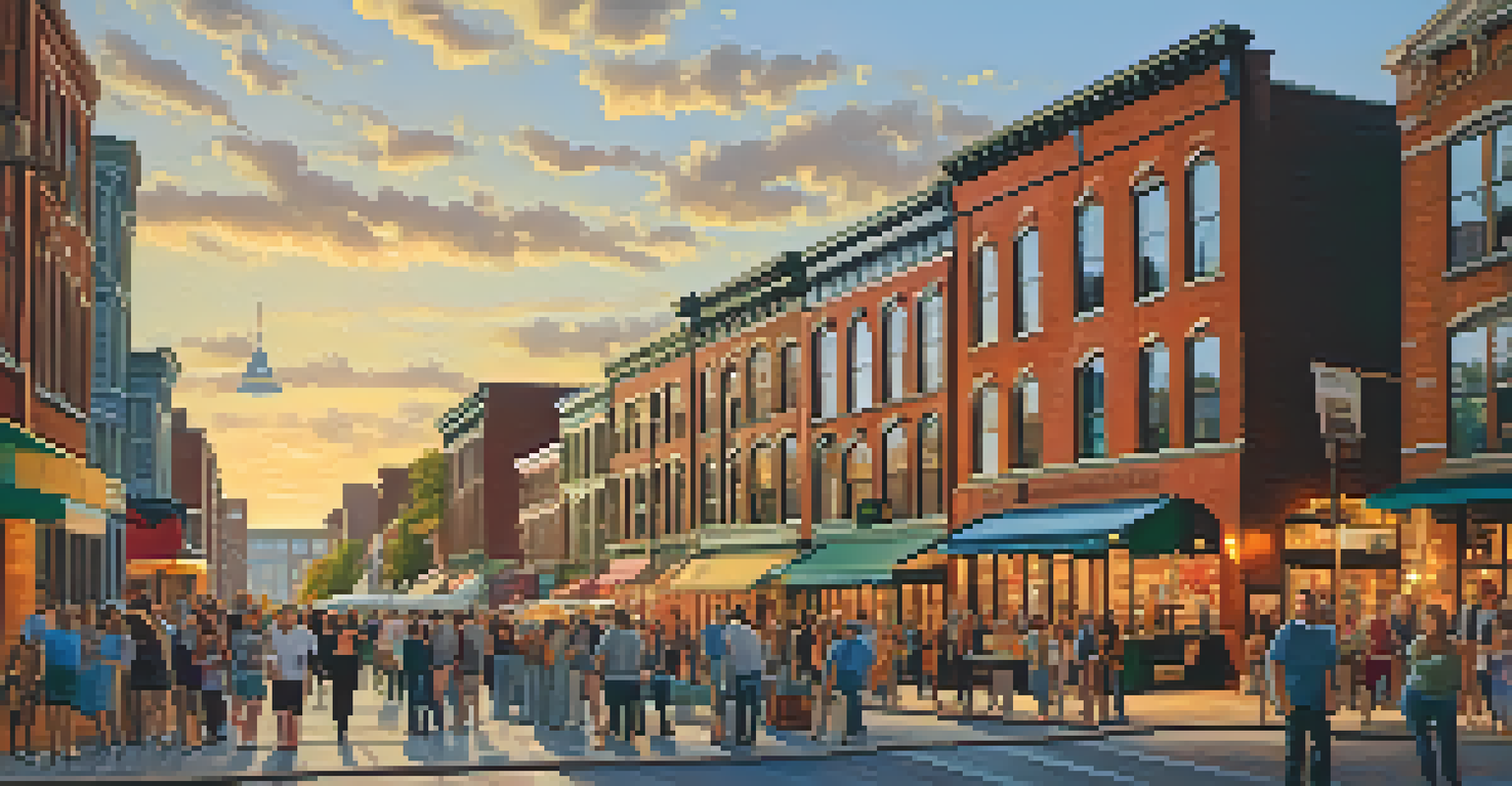 A vibrant sunset scene on River Street, with historic warehouses, art galleries, and people enjoying live music and performances.