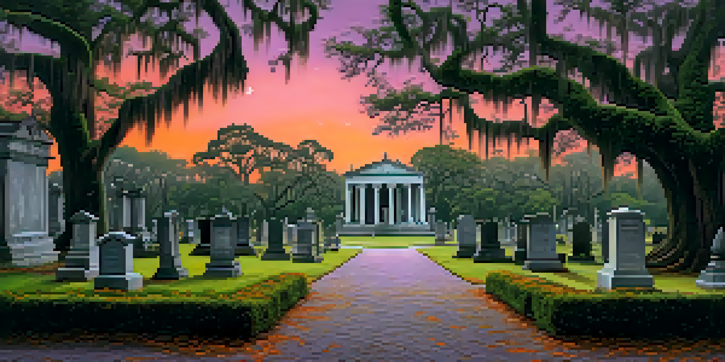 A twilight view of Bonaventure Cemetery with oak trees and gravestones, featuring a shadowy figure.
