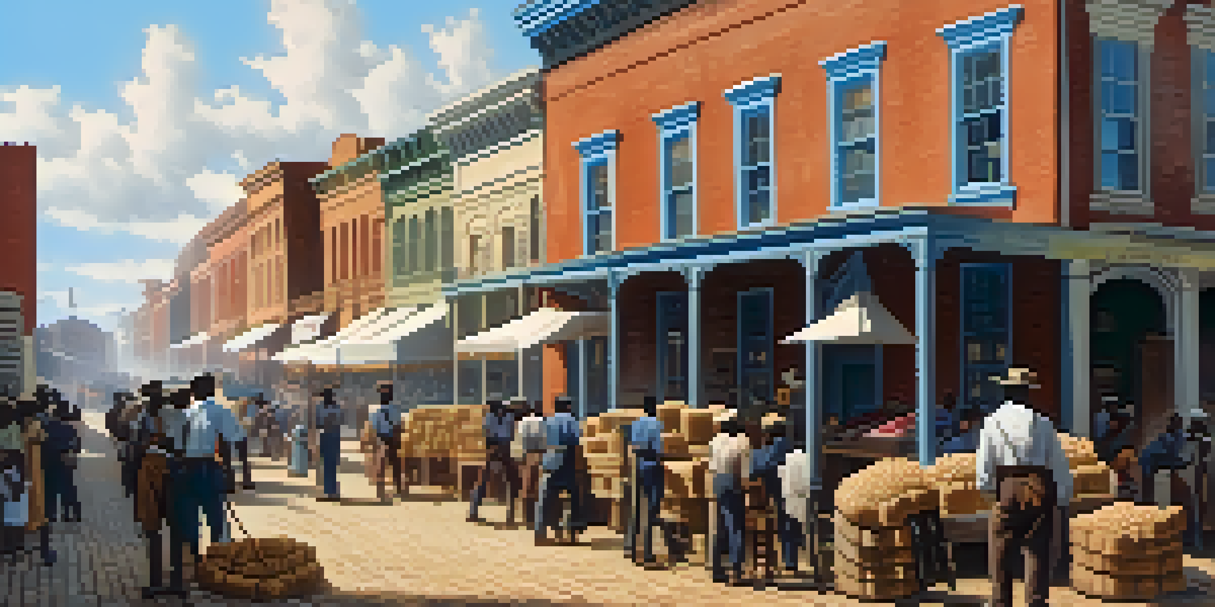 A lively street market in Savannah during the Civil War, featuring African American laborers and free individuals amidst cotton bales and historic architecture.