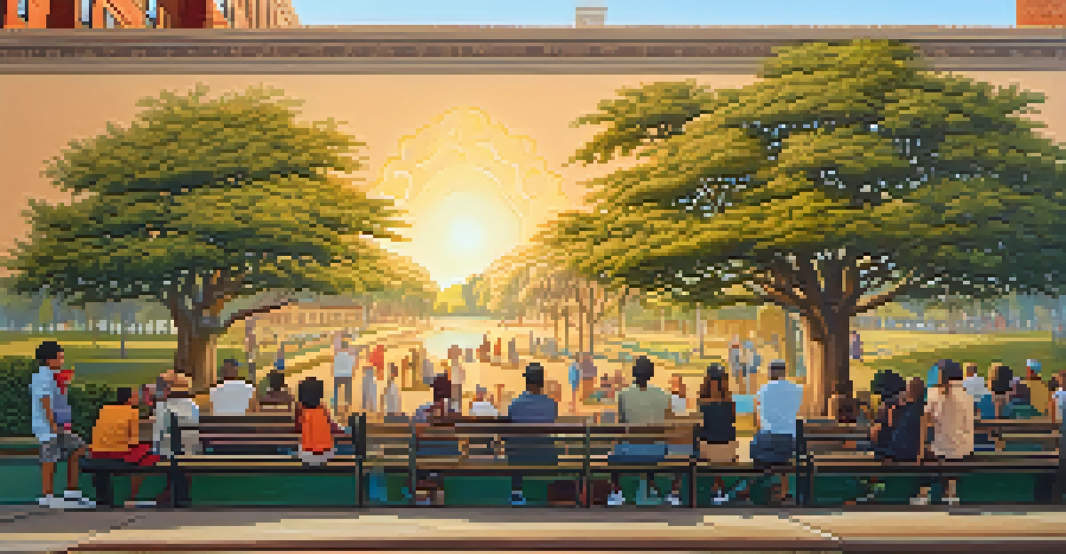 A serene public park in Savannah with a whimsical mural and diverse people gathered around, illuminated by golden hour light.