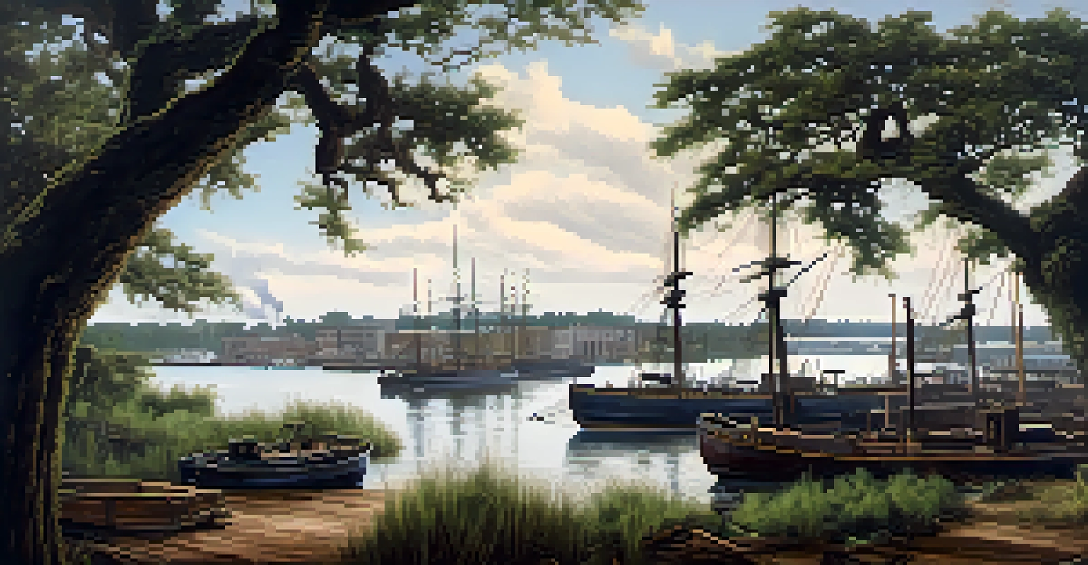 A somber depiction of Savannah's harbor during the Civil War, showing empty docks and overgrown ships, with residents bartering homemade goods.