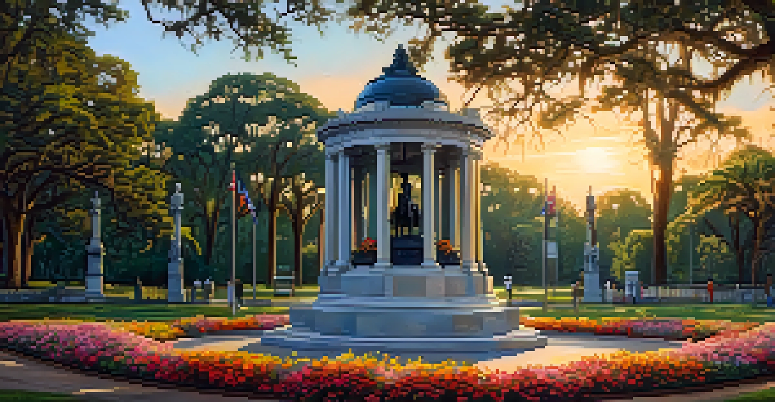 A detailed view of the Confederate Memorial surrounded by flowers in Forsyth Park, illuminated by the warm glow of the sunset.