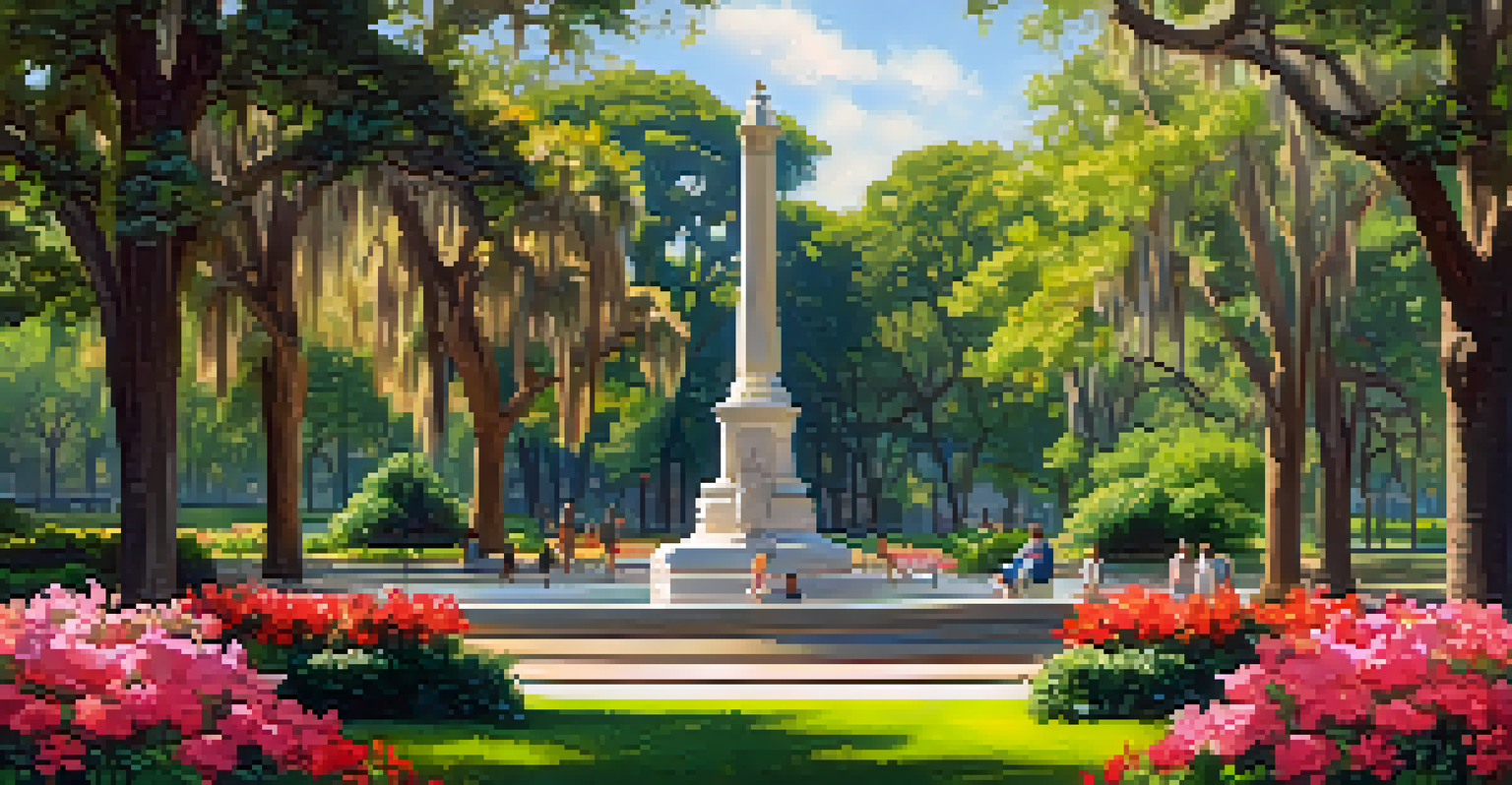A view of Forsyth Park with the Confederate Memorial, vibrant flowers, and families enjoying the serene atmosphere.