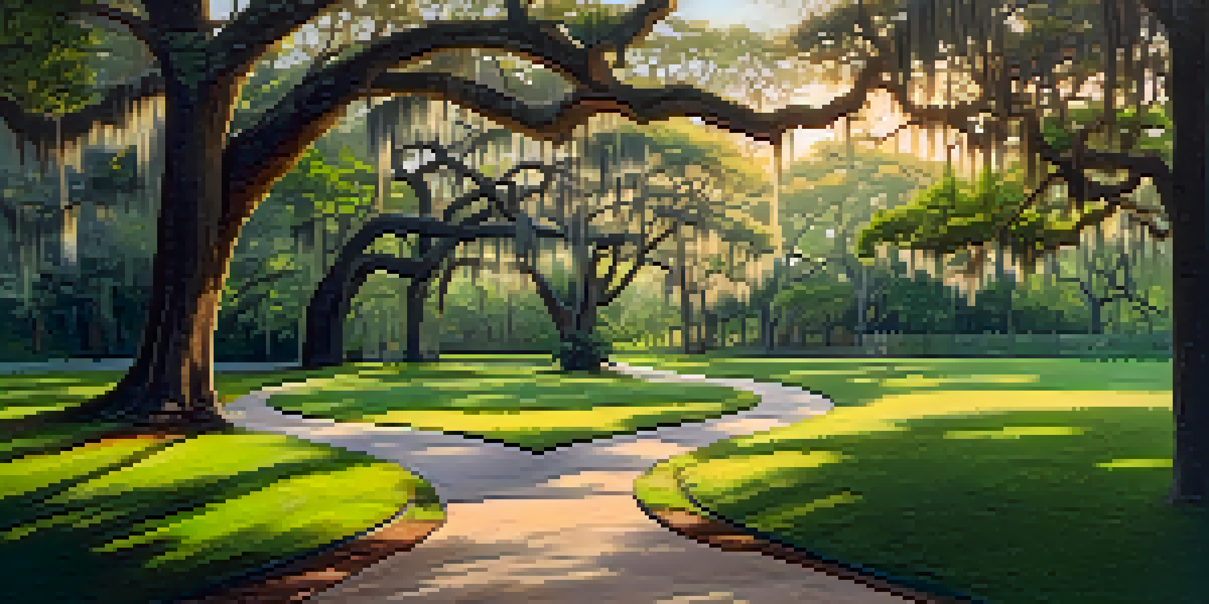 A tranquil park scene in Savannah with golden hour lighting, featuring trees with Spanish moss and a winding path adorned with wildflowers.