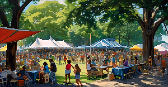 A lively outdoor music festival in Savannah with a diverse crowd enjoying music, food trucks, and historic architecture in the background.