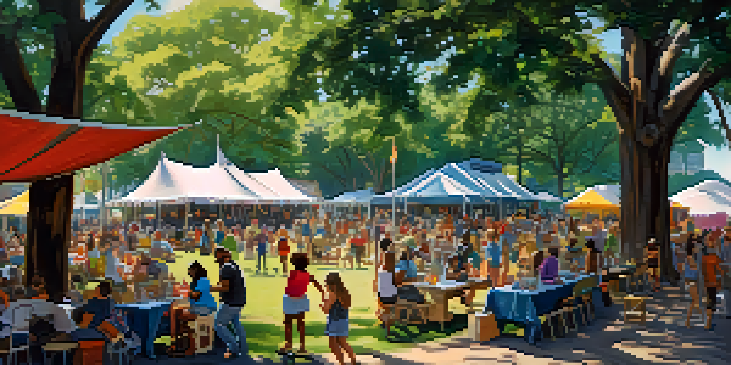 A lively outdoor music festival in Savannah with a diverse crowd enjoying music, food trucks, and historic architecture in the background.